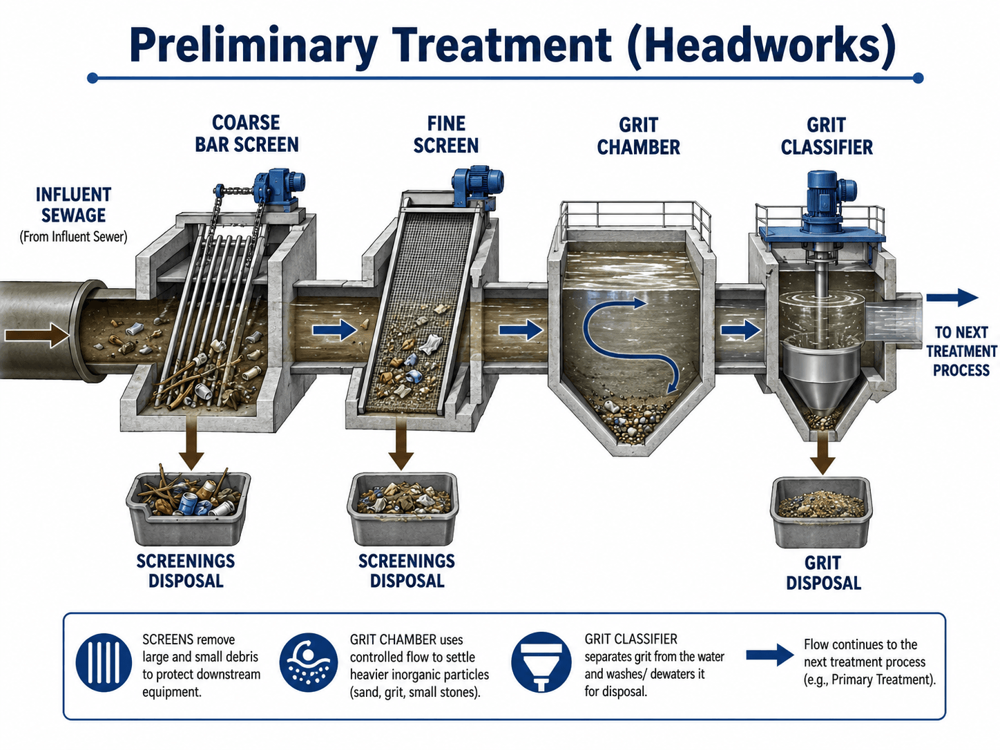 Preliminary wastewater treatment headworks diagram showing influent sewage, coarse bar screen, fine screen, grit chamber, grit classifier, screenings disposal, and grit disposal