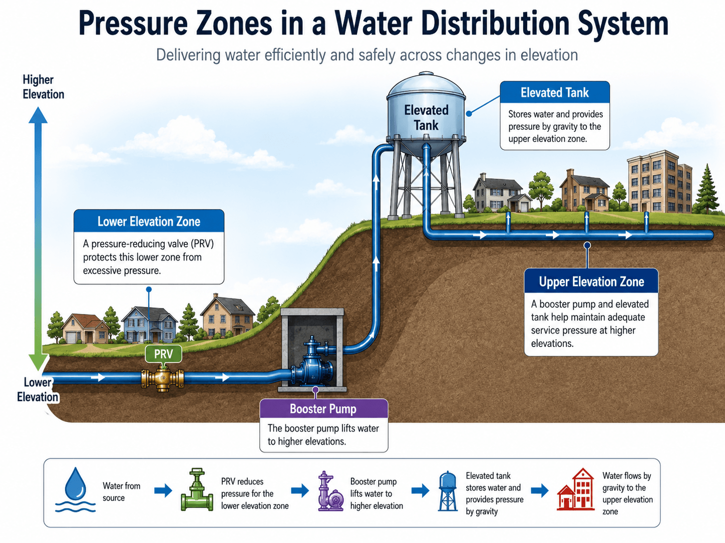 Cross-section diagram showing lower and upper elevation pressure zones in a water distribution system with a PRV, booster pump, elevated tank, and gravity-fed upper zone.