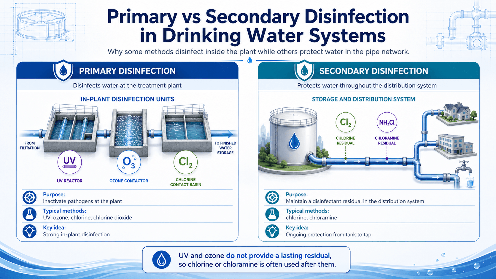 Primary versus secondary disinfection diagram showing in-plant pathogen inactivation and residual protection through drinking water distribution pipes