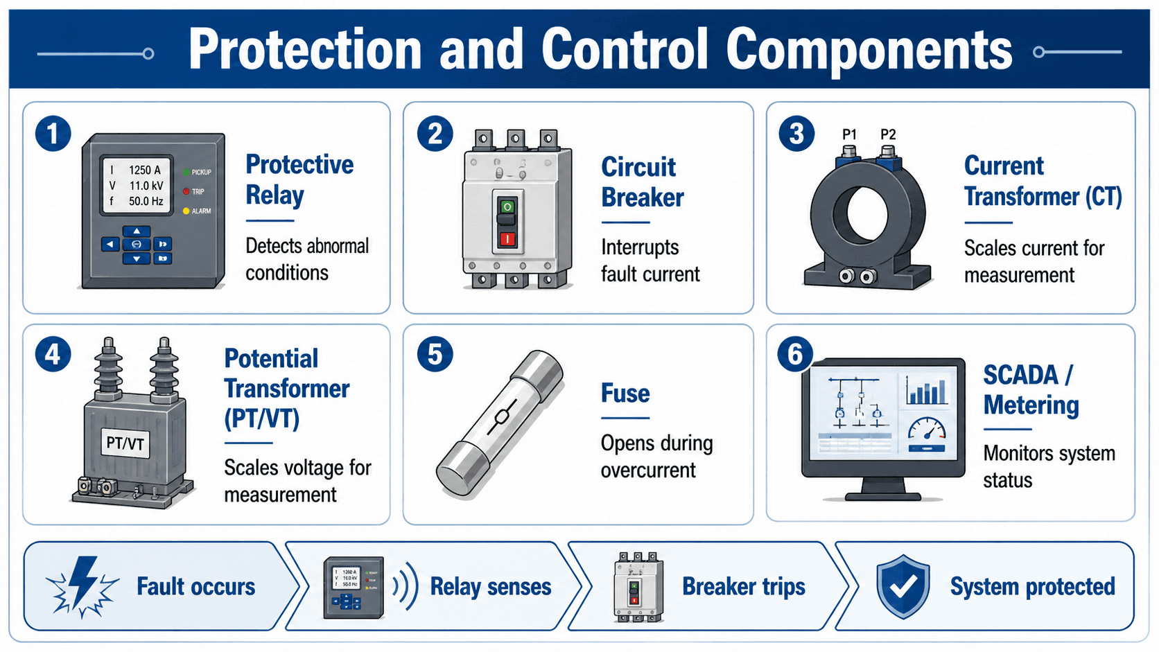 Protection and control components infographic showing protective relays, circuit breakers, current transformers, potential transformers, fuses, SCADA metering, and the fault isolation sequence