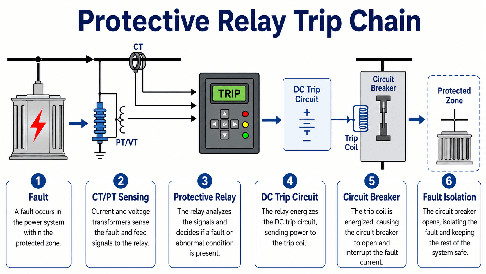 Protective relay trip chain diagram showing fault detection, CT and PT sensing, relay logic, DC trip circuit, trip coil, circuit breaker opening, and protected zone isolation
