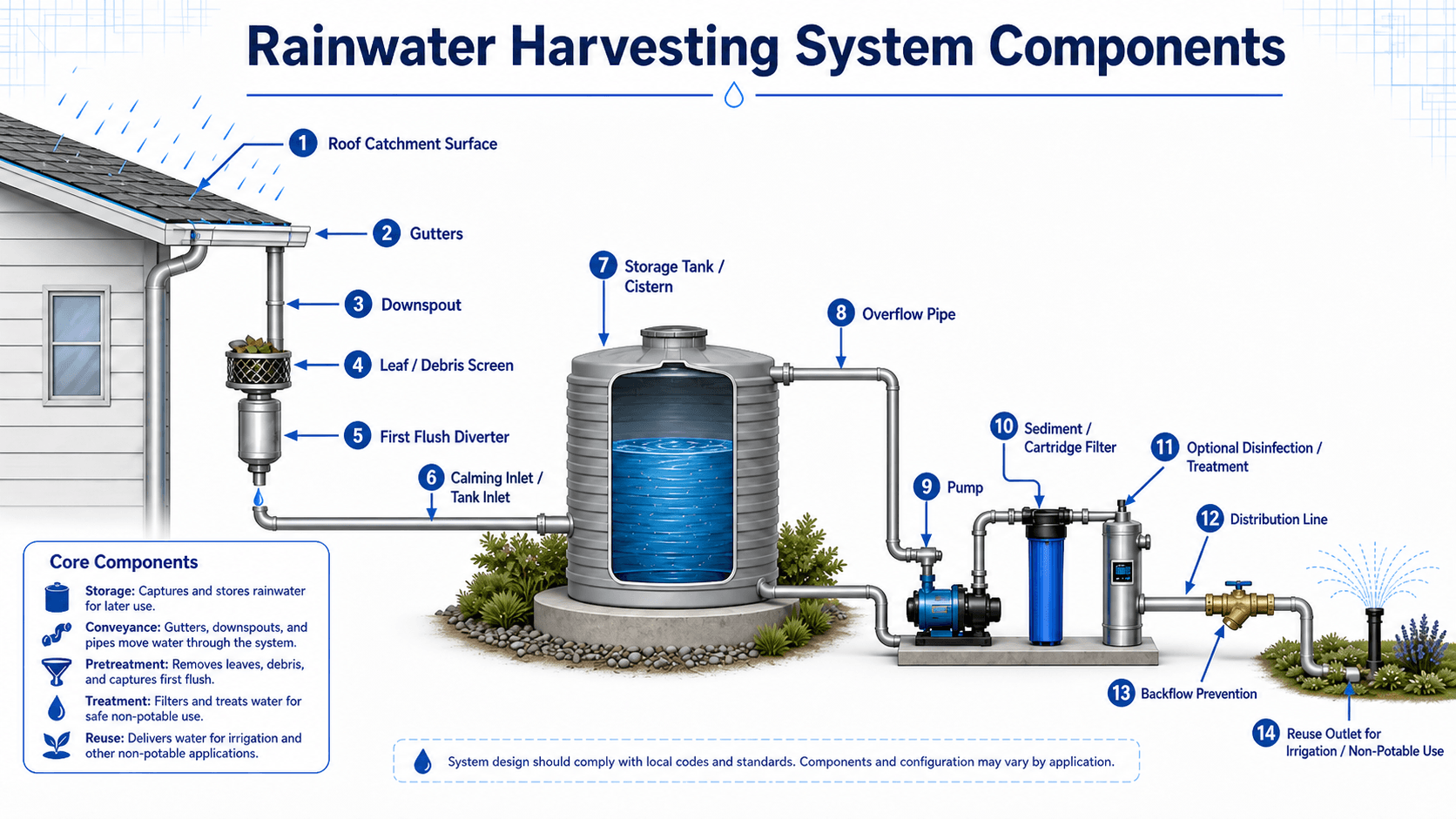 Labeled rainwater harvesting system components including roof catchment, gutters, downspout, debris screen, first flush diverter, cistern, overflow pipe, pump, filter, treatment unit, distribution line, backflow prevention, and reuse outlet.