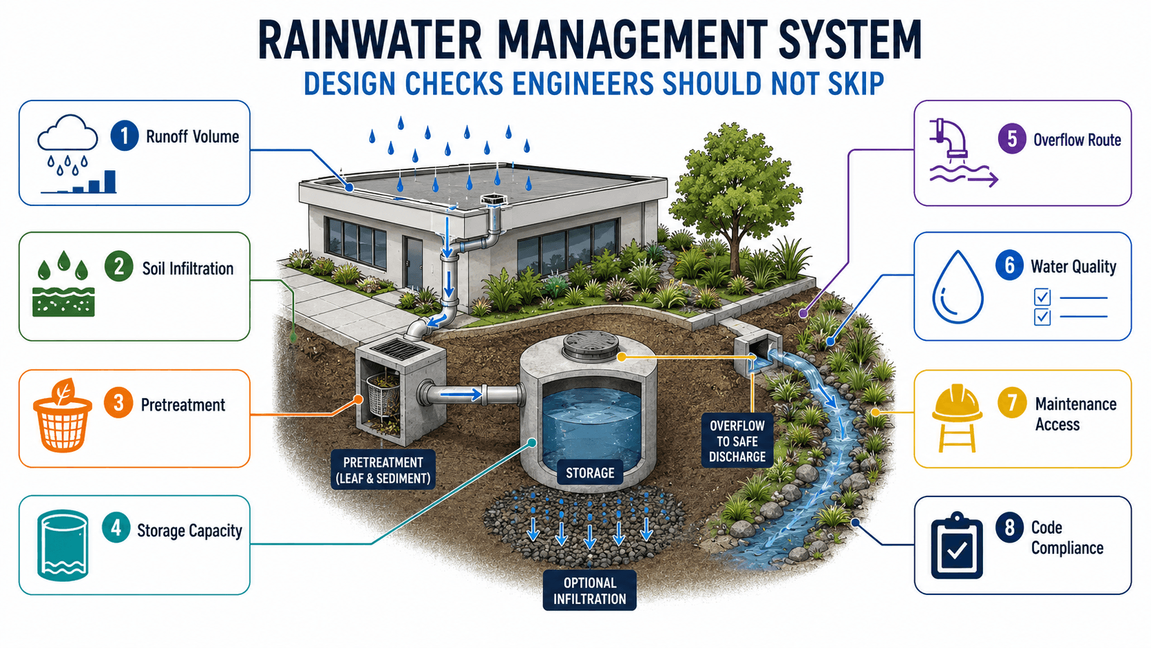 Engineering checklist diagram for rainwater management systems showing runoff volume, soil infiltration, pretreatment, storage capacity, overflow route, water quality, maintenance access, and code compliance.