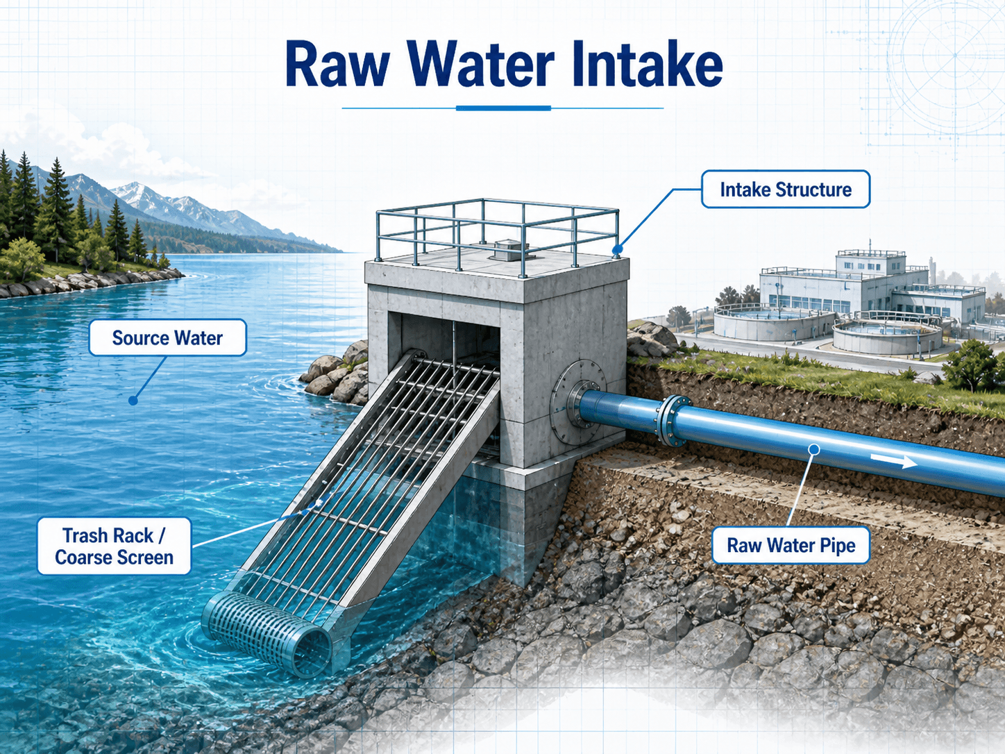 Raw water intake diagram showing source water, intake structure, trash rack, coarse screen, and raw water pipe as the first component in a water treatment plant