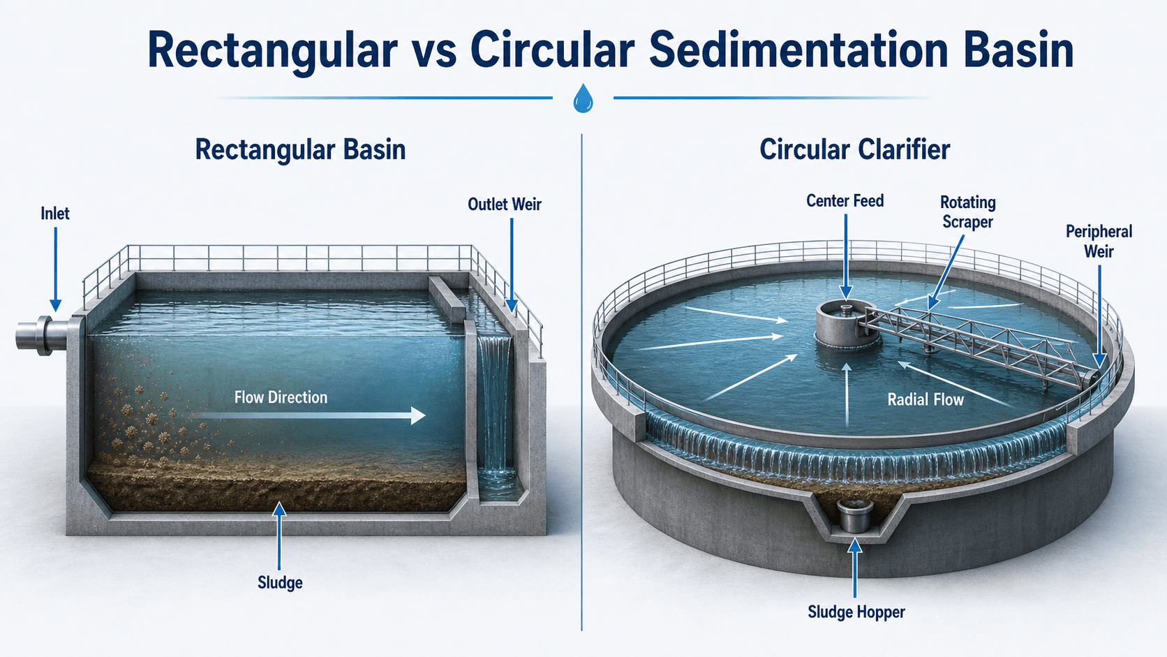 Comparison diagram of a rectangular sedimentation basin with horizontal flow and a circular clarifier with radial flow, center feed, rotating scraper, and peripheral weir