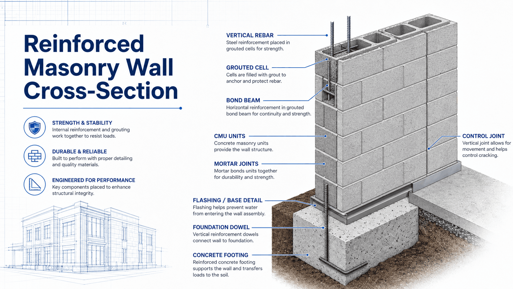 Reinforced masonry wall cross-section showing CMU units, mortar joints, grouted cells, vertical rebar, bond beam, control joint, foundation dowel, flashing, and concrete footing.