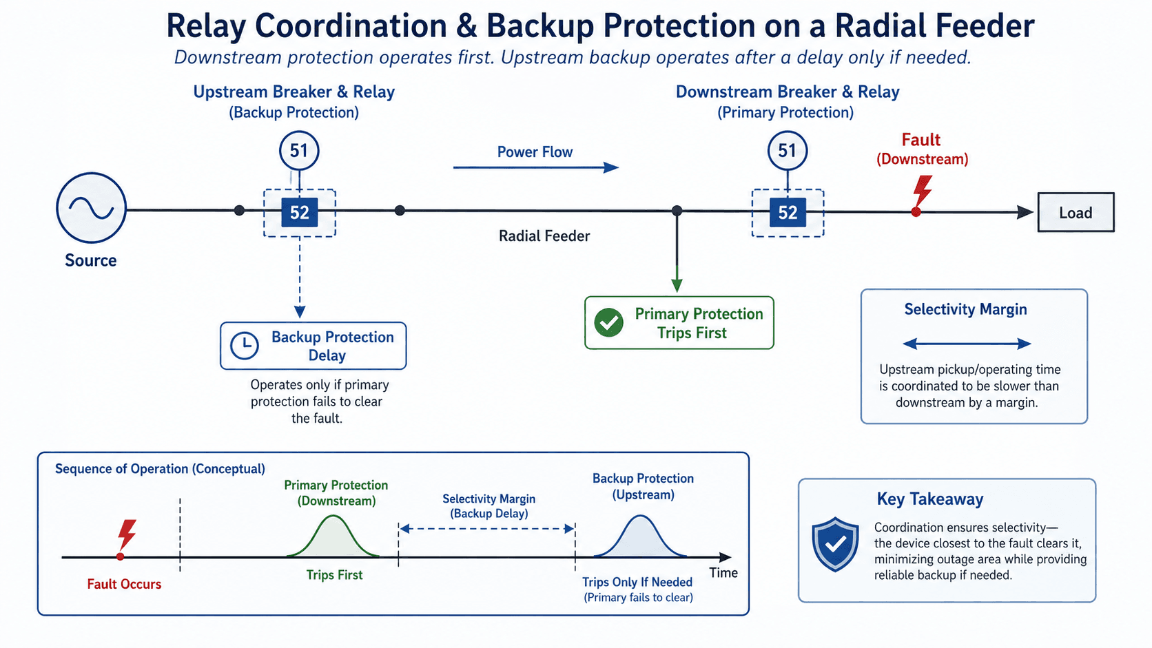 Protective relay workflow showing CT and PT inputs, relay measurement, trip signal, breaker operation, and fault isolation