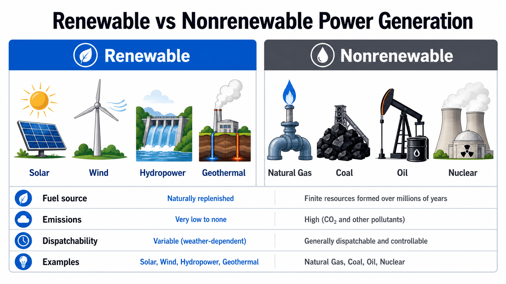 Renewable versus nonrenewable power generation comparison showing solar, wind, hydropower, geothermal, natural gas, coal, oil, and nuclear.