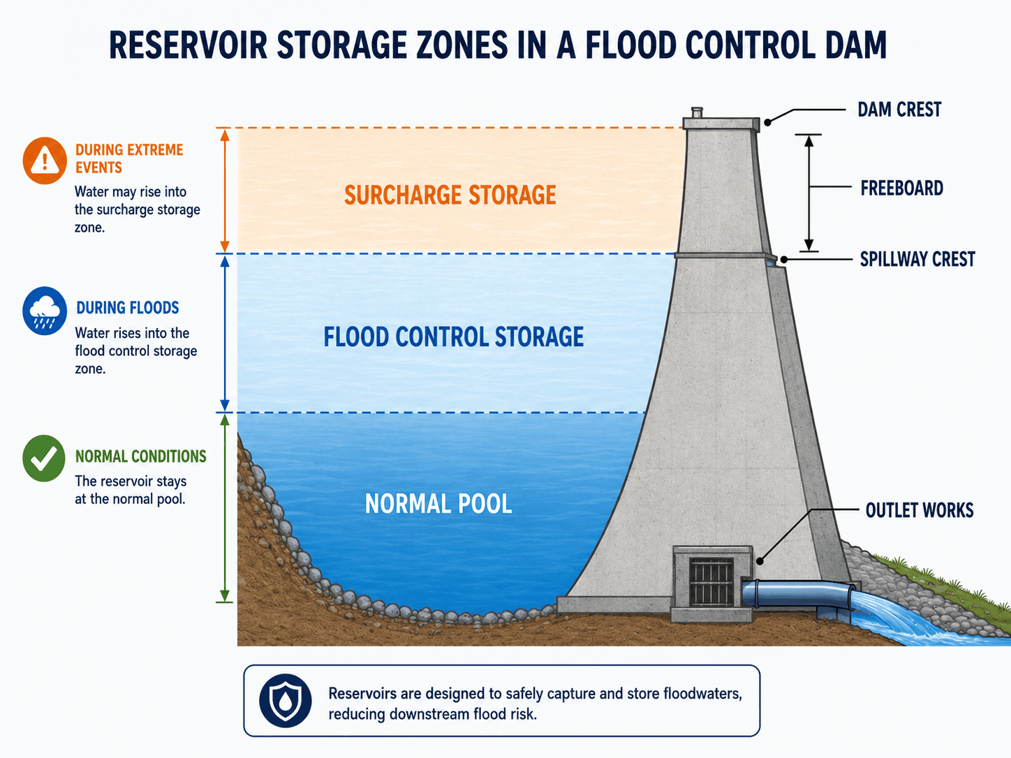 Cross-section of a flood control dam showing normal pool, flood control storage, surcharge storage, spillway crest, freeboard, dam crest, and outlet works