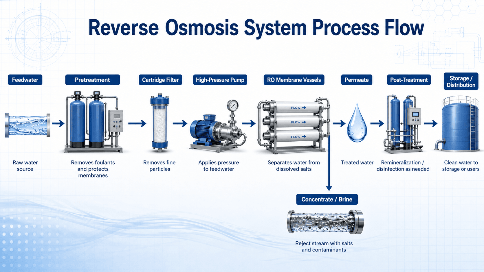 Reverse osmosis system process flow showing feedwater, pretreatment, cartridge filtration, high-pressure pump, RO membrane vessels, permeate, post-treatment, storage, and concentrate brine