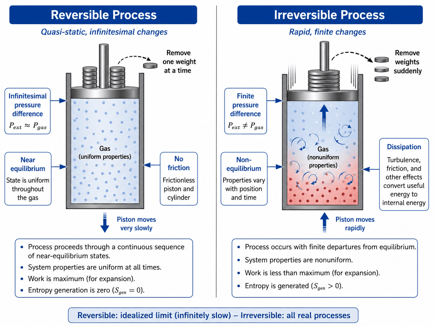 Side-by-side piston cylinder diagram comparing a reversible process with uniform gas properties and an irreversible process with non-equilibrium gas behavior