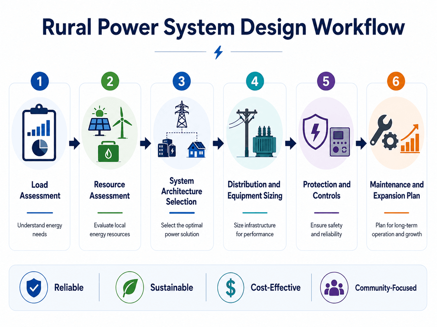 Rural power system design workflow from load assessment through resource assessment, architecture selection, equipment sizing, protection, controls, and maintenance planning