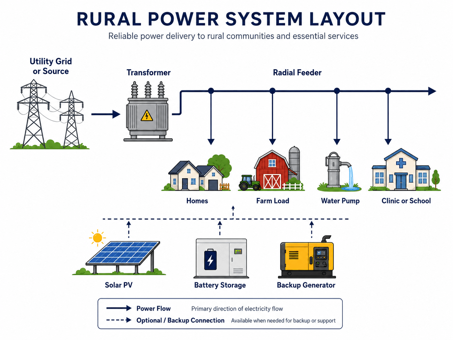 Rural power system layout showing a utility source, transformer, radial feeder, rural loads, solar PV, battery storage, and backup generator