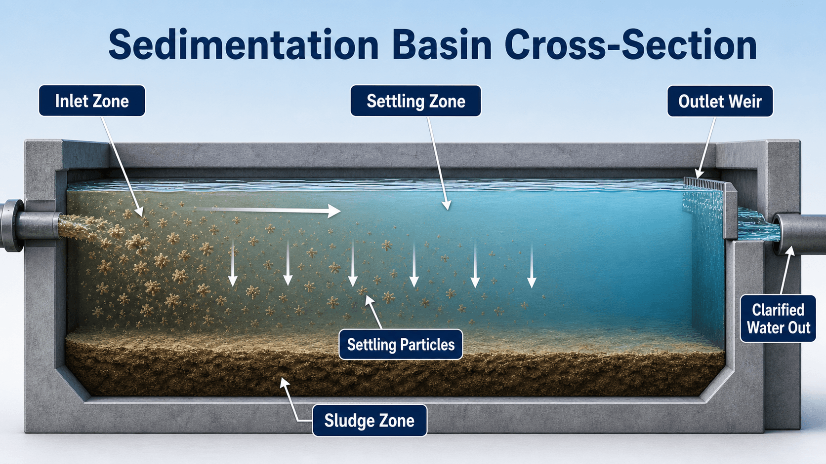 Cross-section diagram of a sedimentation basin showing inlet zone, settling zone, settling particles, sludge zone, outlet weir, and clarified water outlet