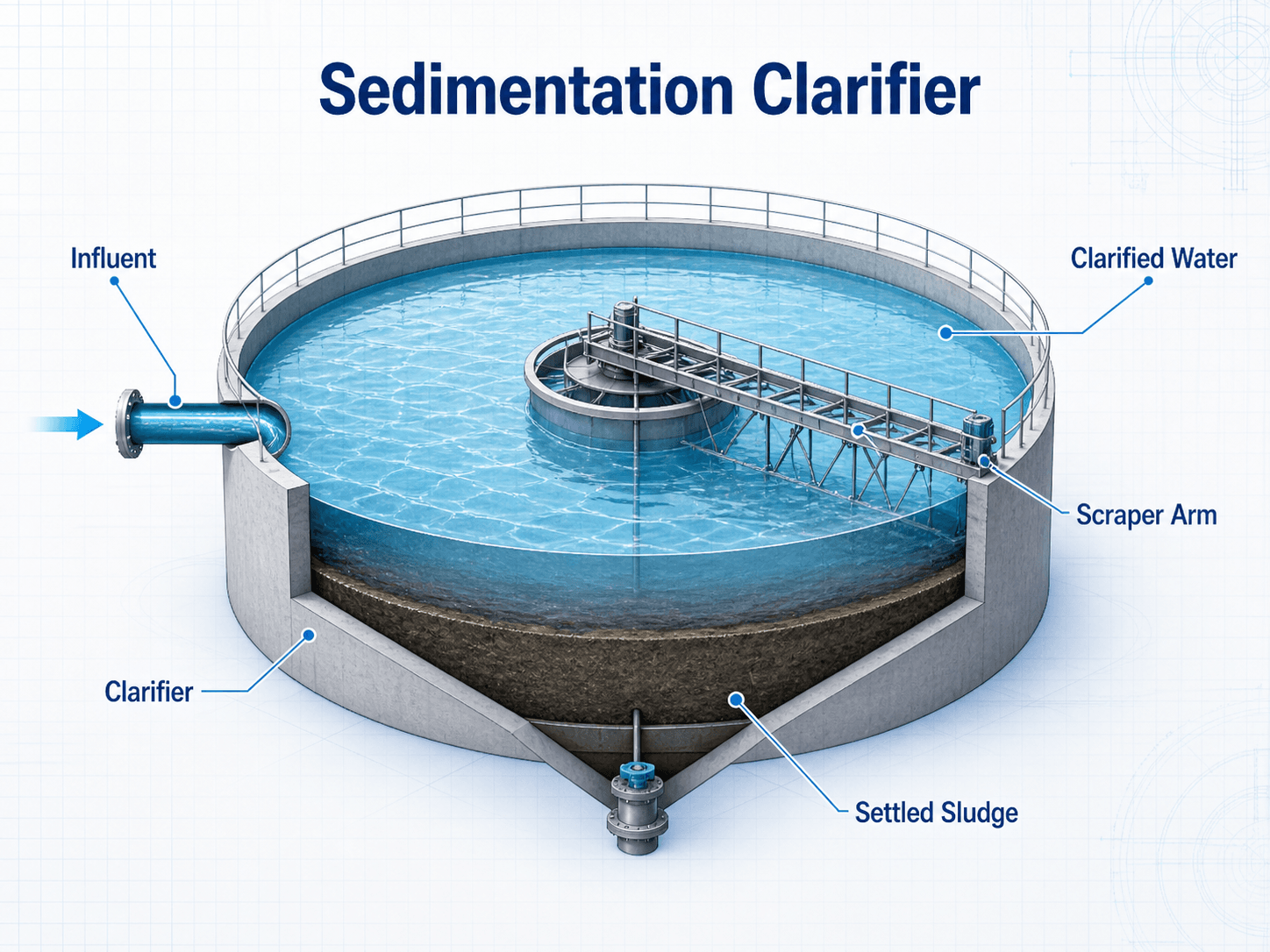 Sedimentation clarifier diagram showing influent flow, clarified water, scraper arm, settled sludge, and clarifier tank