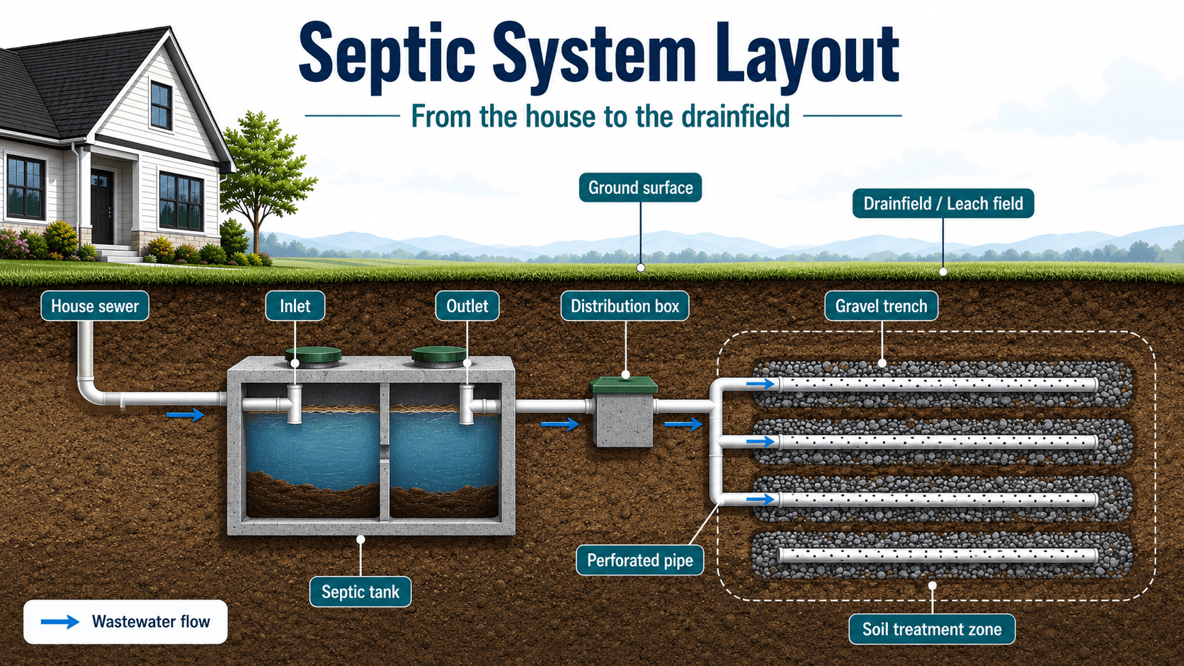 Septic system layout diagram showing house sewer, septic tank, distribution box, perforated pipe, gravel trench, drainfield, and soil treatment zone