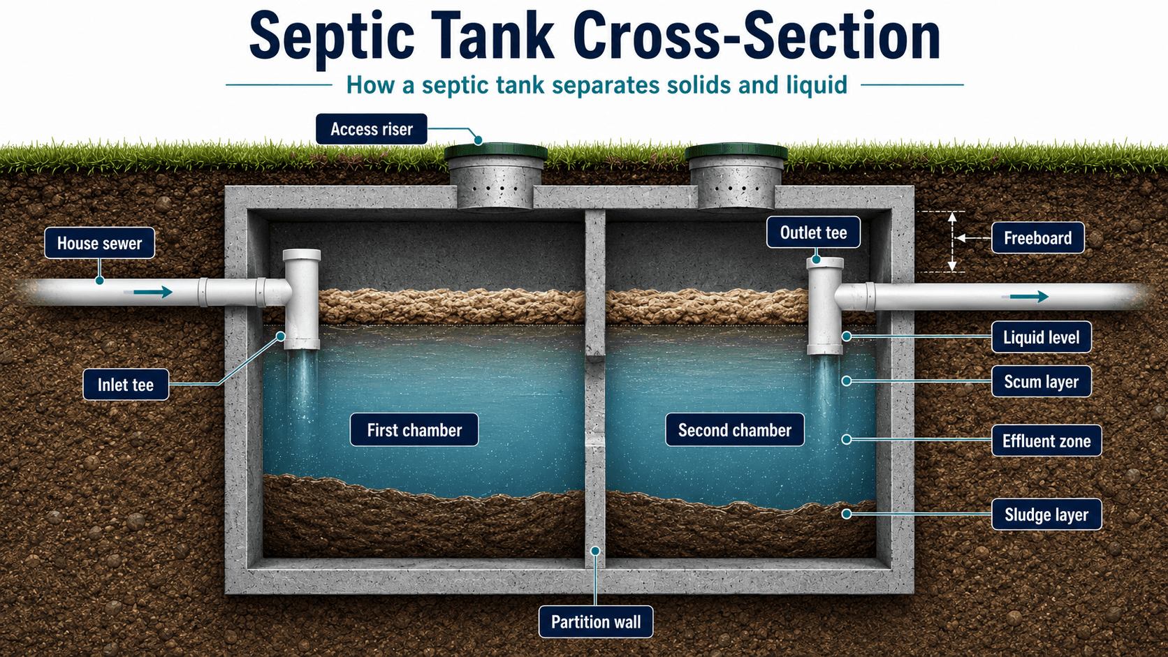 Septic tank cross-section diagram showing inlet tee, outlet tee, access riser, scum layer, effluent zone, sludge layer, freeboard, and partition wall
