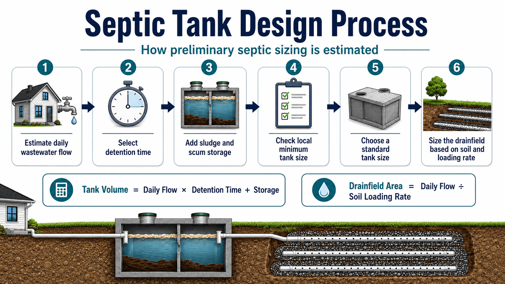 Septic tank design process showing wastewater flow estimation, detention time, sludge and scum storage, tank sizing, and drainfield sizing