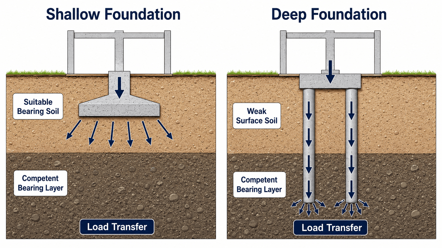 Shallow foundation and deep foundation comparison showing load transfer through suitable surface soil and deeper competent bearing layers
