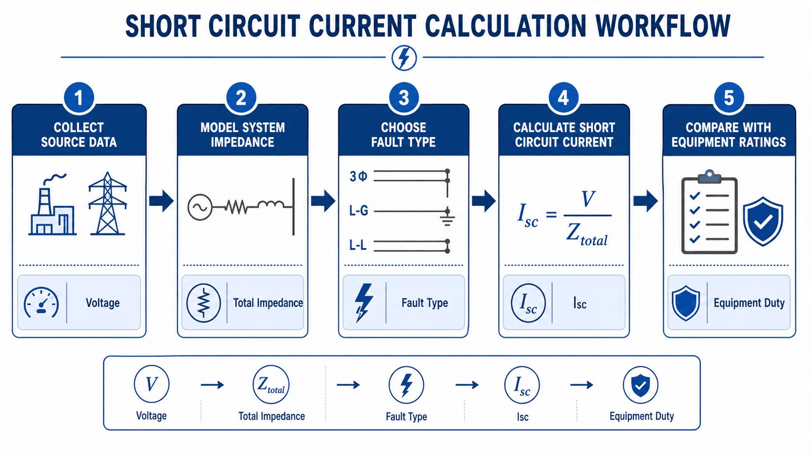 Short circuit current calculation workflow showing source data, system impedance, fault type, current calculation, and equipment duty comparison