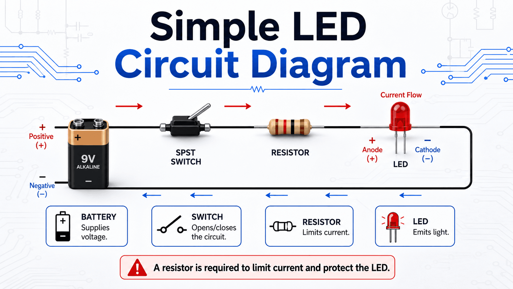 Simple LED circuit diagram showing a battery, SPST switch, resistor, LED, current flow, return path, and current limiting warning