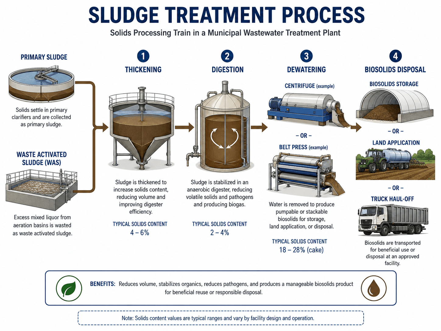 Sludge treatment process diagram showing primary sludge, waste activated sludge, thickening, digestion, dewatering, biosolids storage, land application, and haul-off