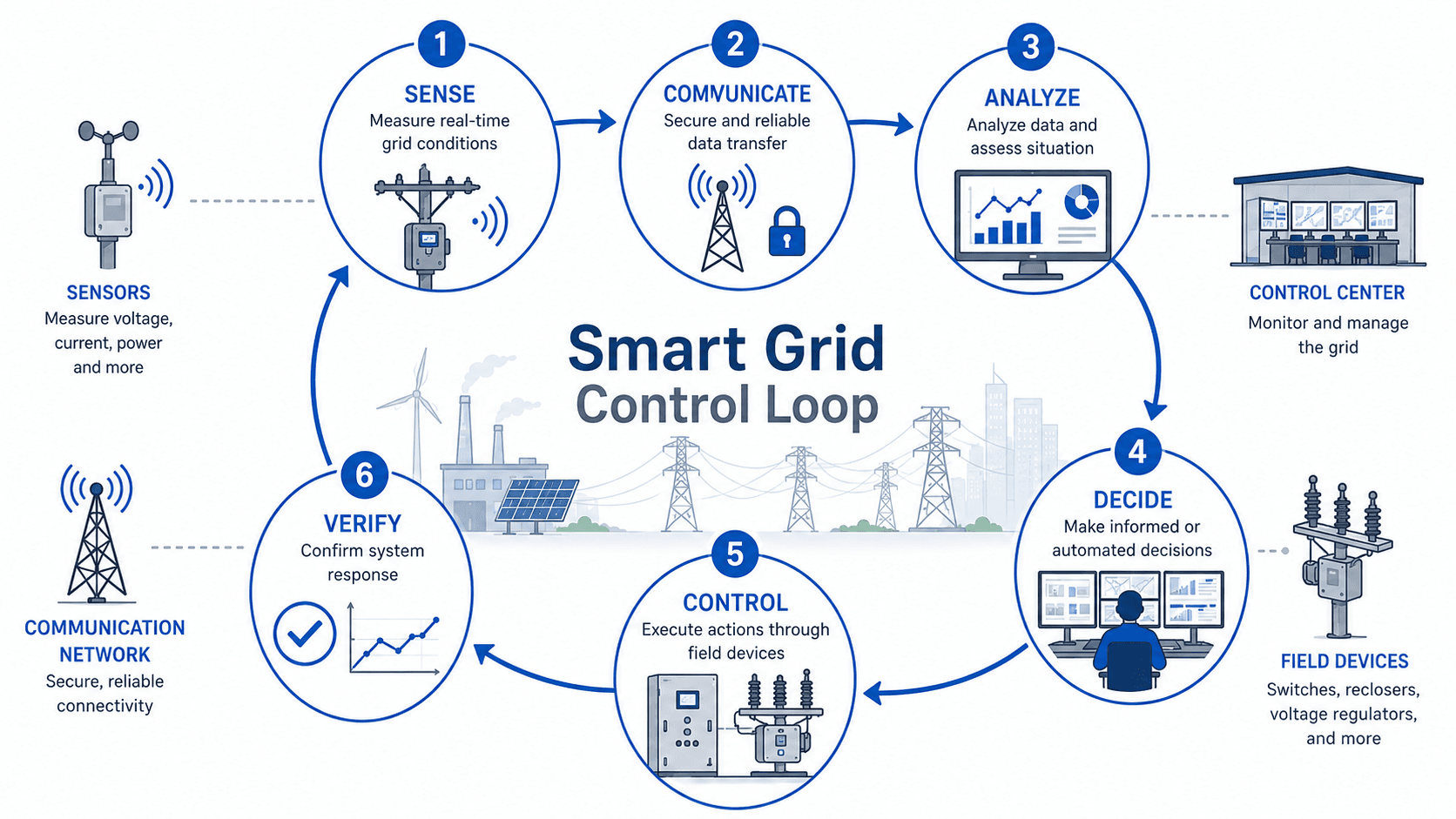 Smart grid control loop showing sense, communicate, analyze, decide, control, and verify steps with sensors, communications, control center, and field devices