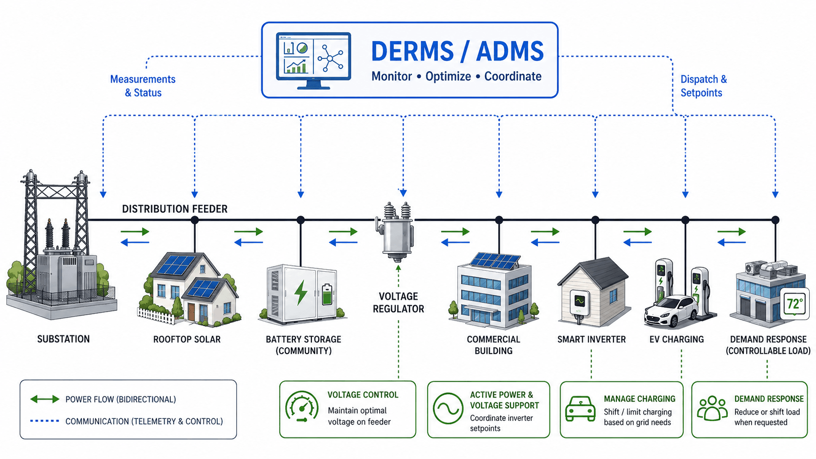 Smart grid DERMS and ADMS process diagram showing distribution feeder coordination with rooftop solar, battery storage, voltage regulator, smart inverter, EV charging, and demand response
