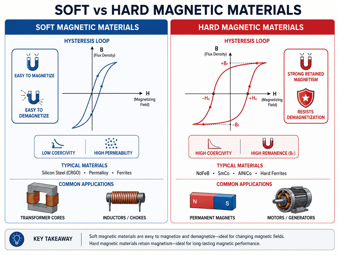 Comparison infographic showing soft magnetic materials with low coercivity and hard magnetic materials with high coercivity and high remanence