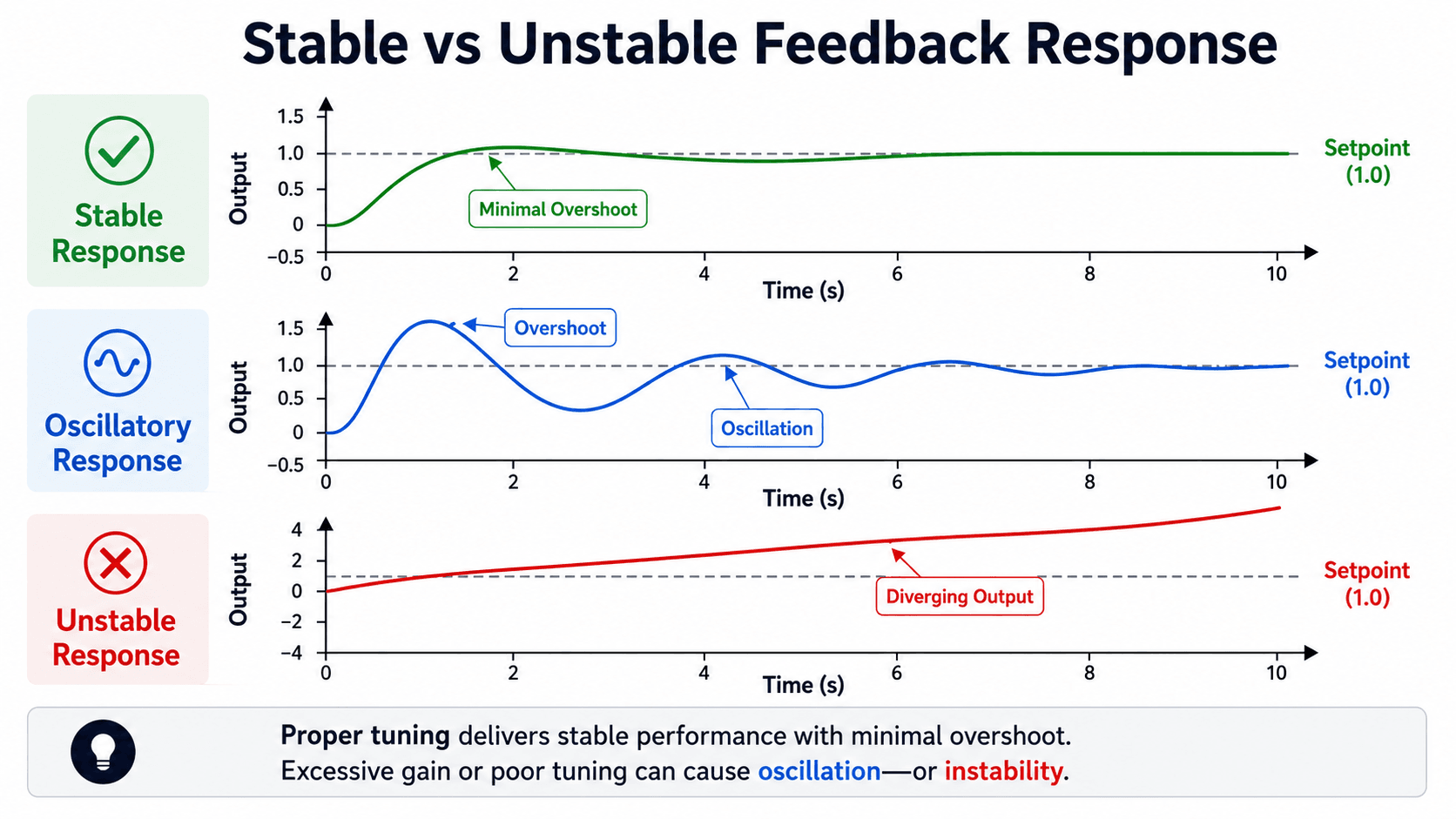 Stable oscillatory and unstable feedback response comparison showing setpoint line, minimal overshoot, oscillation, and diverging output
