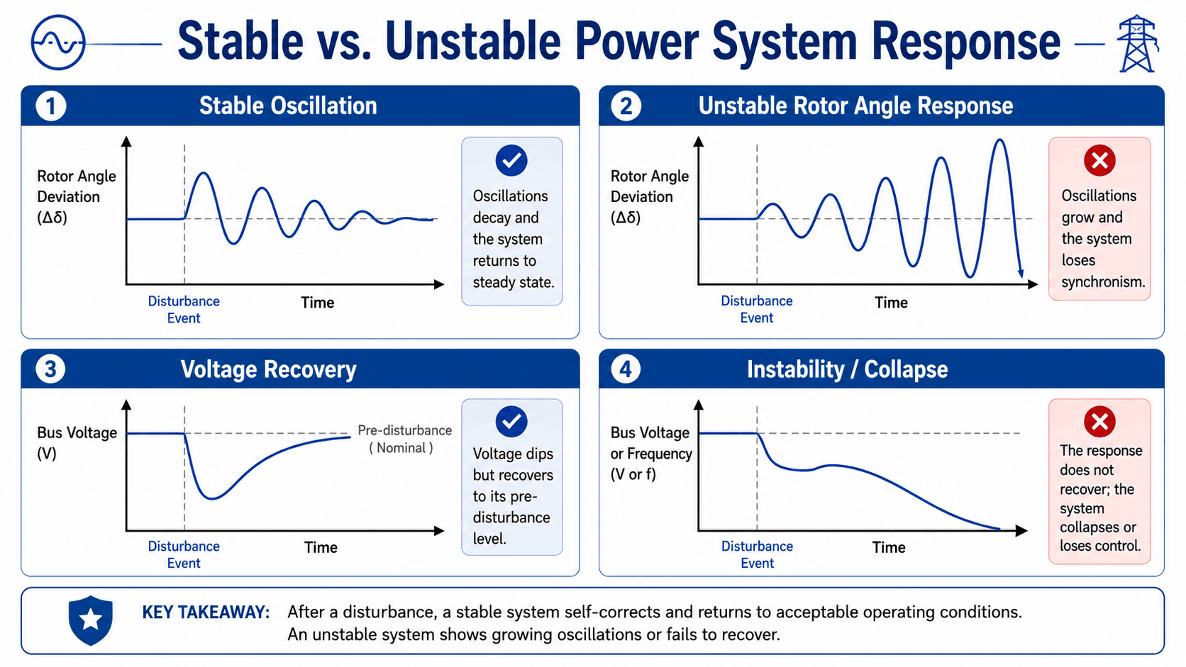 Stable versus unstable power system response curves after a disturbance, including damped rotor angle oscillation, growing oscillation, voltage recovery, and voltage or frequency collapse
