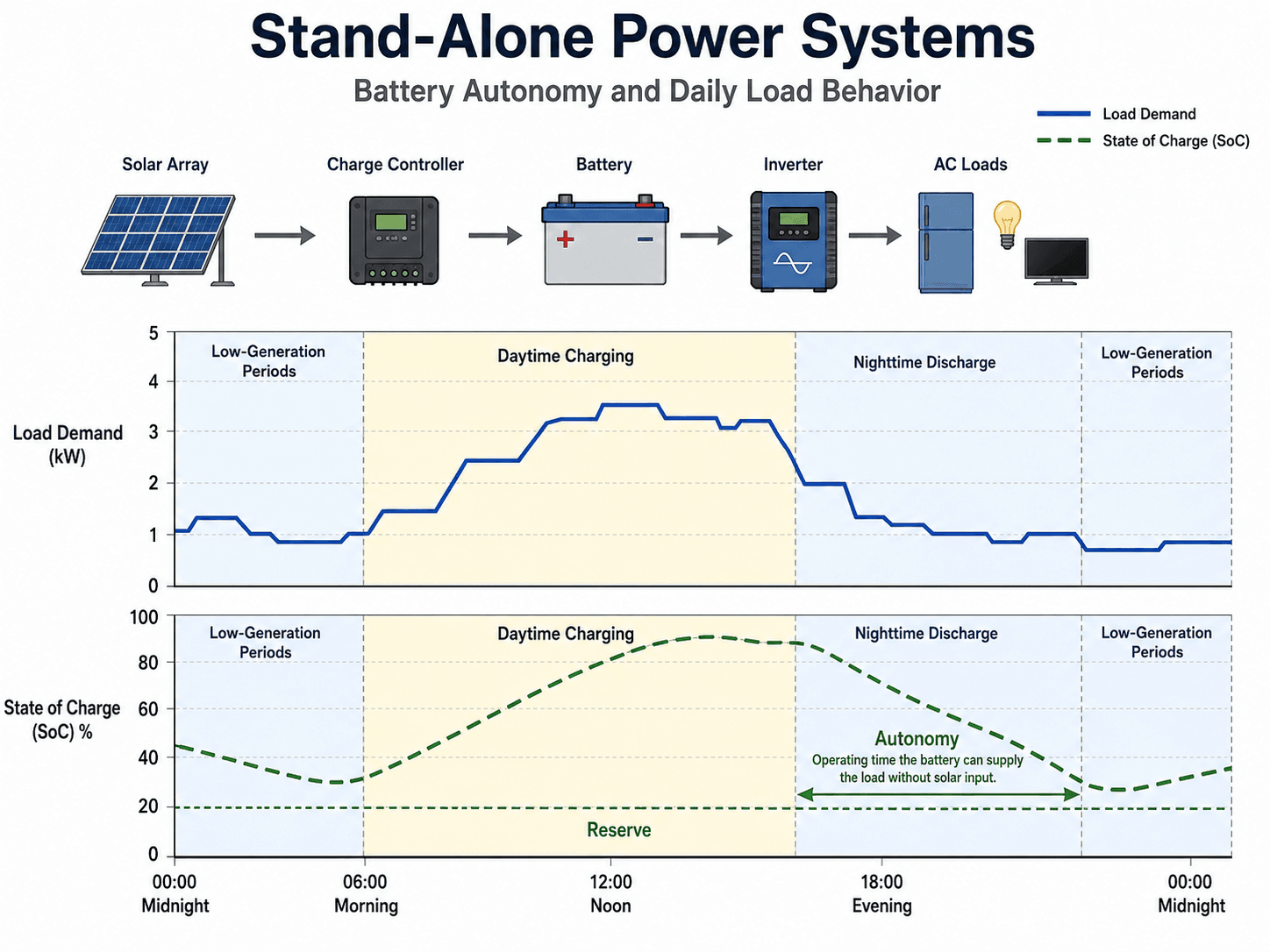 Battery autonomy and daily load behavior in a stand-alone power system showing load demand, state of charge, reserve, and low-generation periods