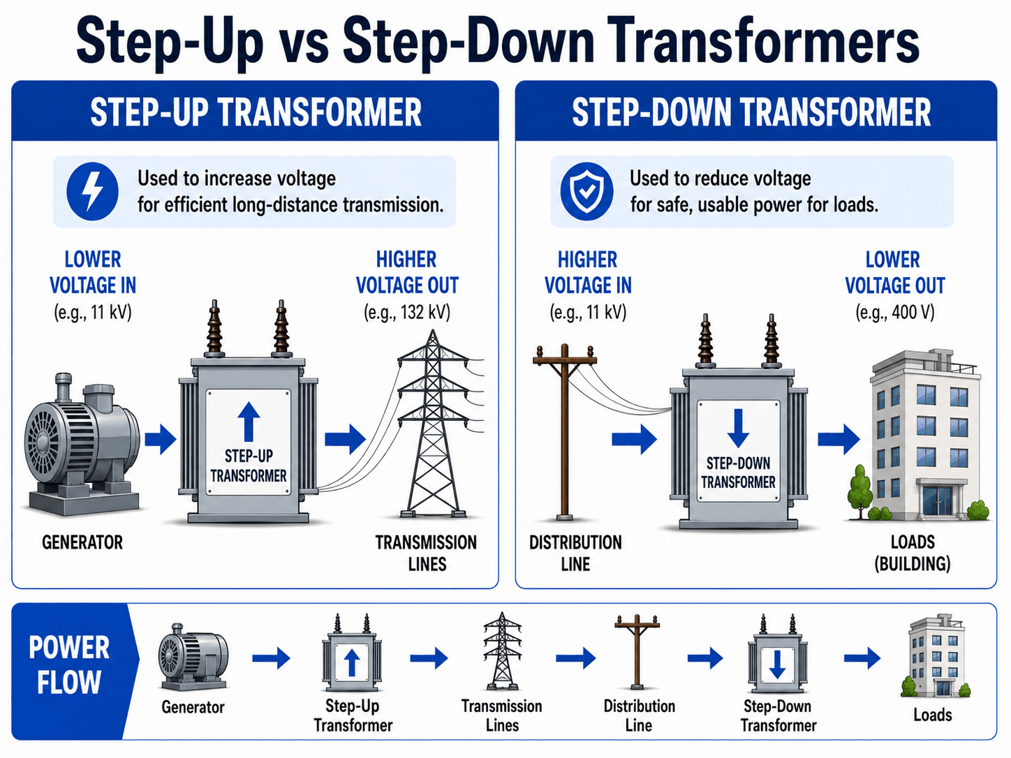 Step-up versus step-down transformer infographic showing generator, transmission lines, distribution line, transformer voltage direction, and building load