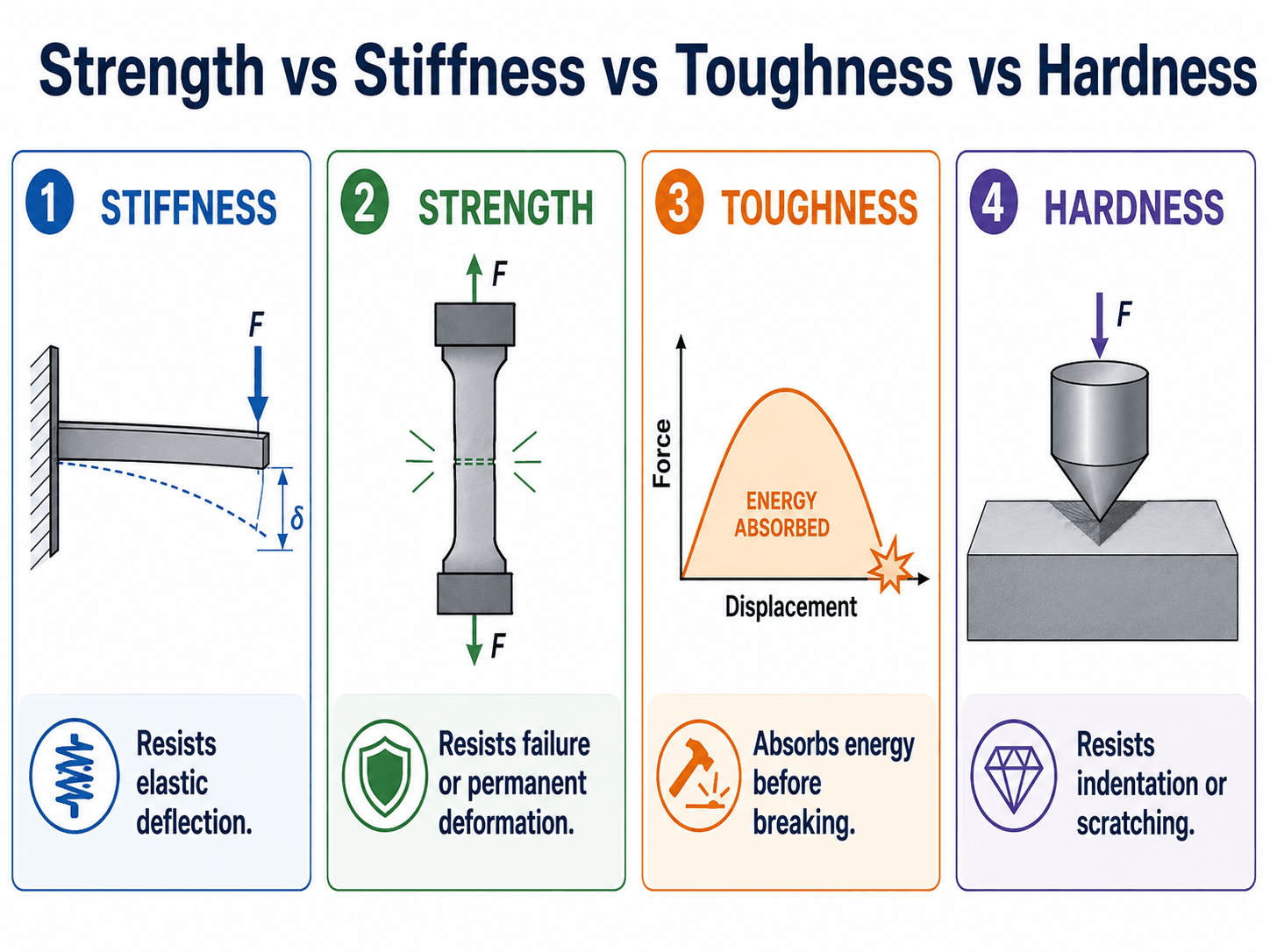 Comparison of stiffness, strength, toughness, and hardness using beam deflection, tensile loading, impact energy, and indentation diagrams