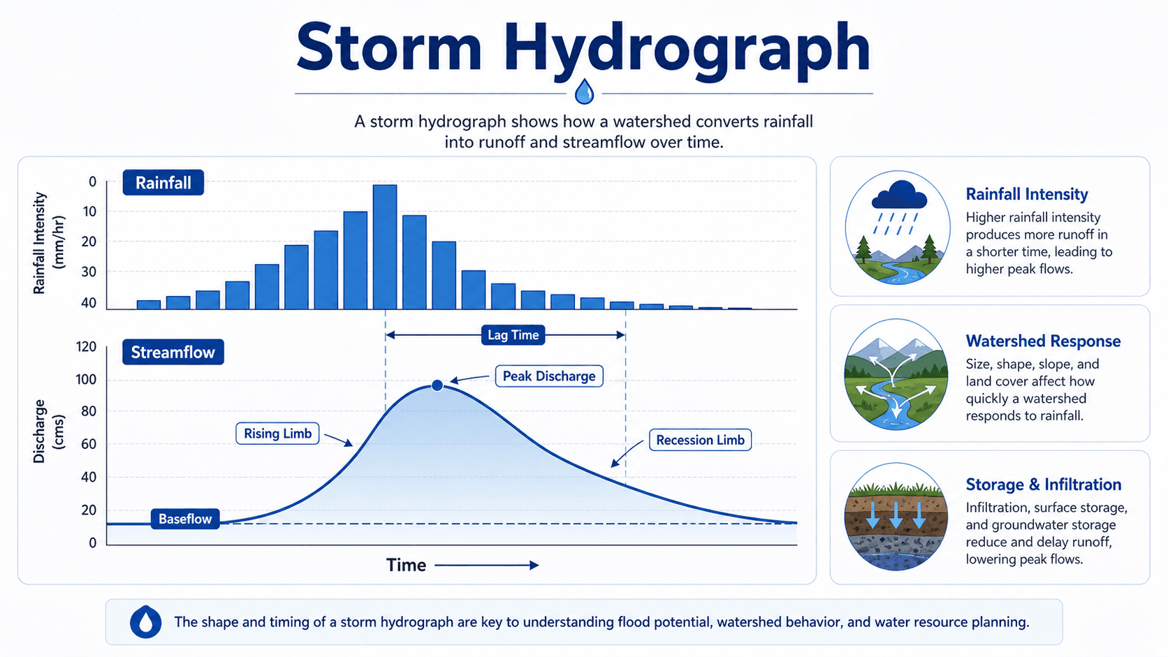 Storm hydrograph diagram showing rainfall intensity, streamflow, baseflow, rising limb, peak discharge, lag time, and recession limb for hydrology
