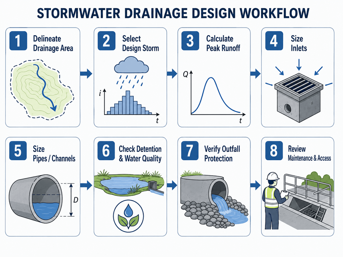 Stormwater drainage design workflow showing drainage area, design storm, peak runoff, inlet sizing, pipe sizing, detention, outfall protection, and maintenance access
