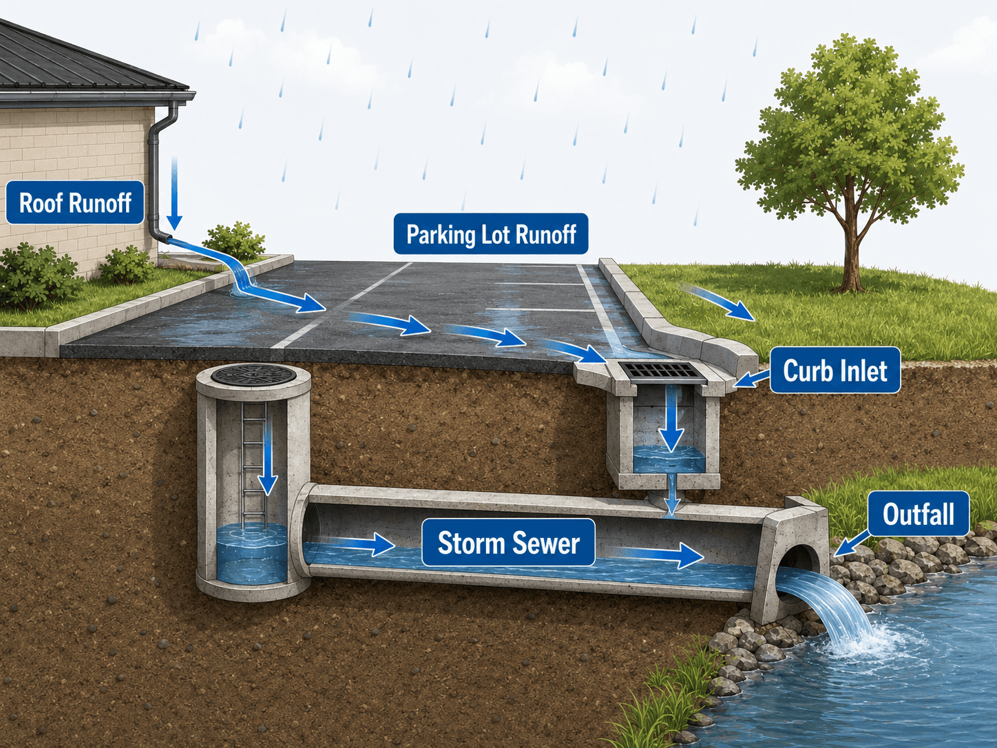 Stormwater drainage design diagram showing roof runoff, parking lot runoff, curb inlet, storm sewer pipe, and outfall