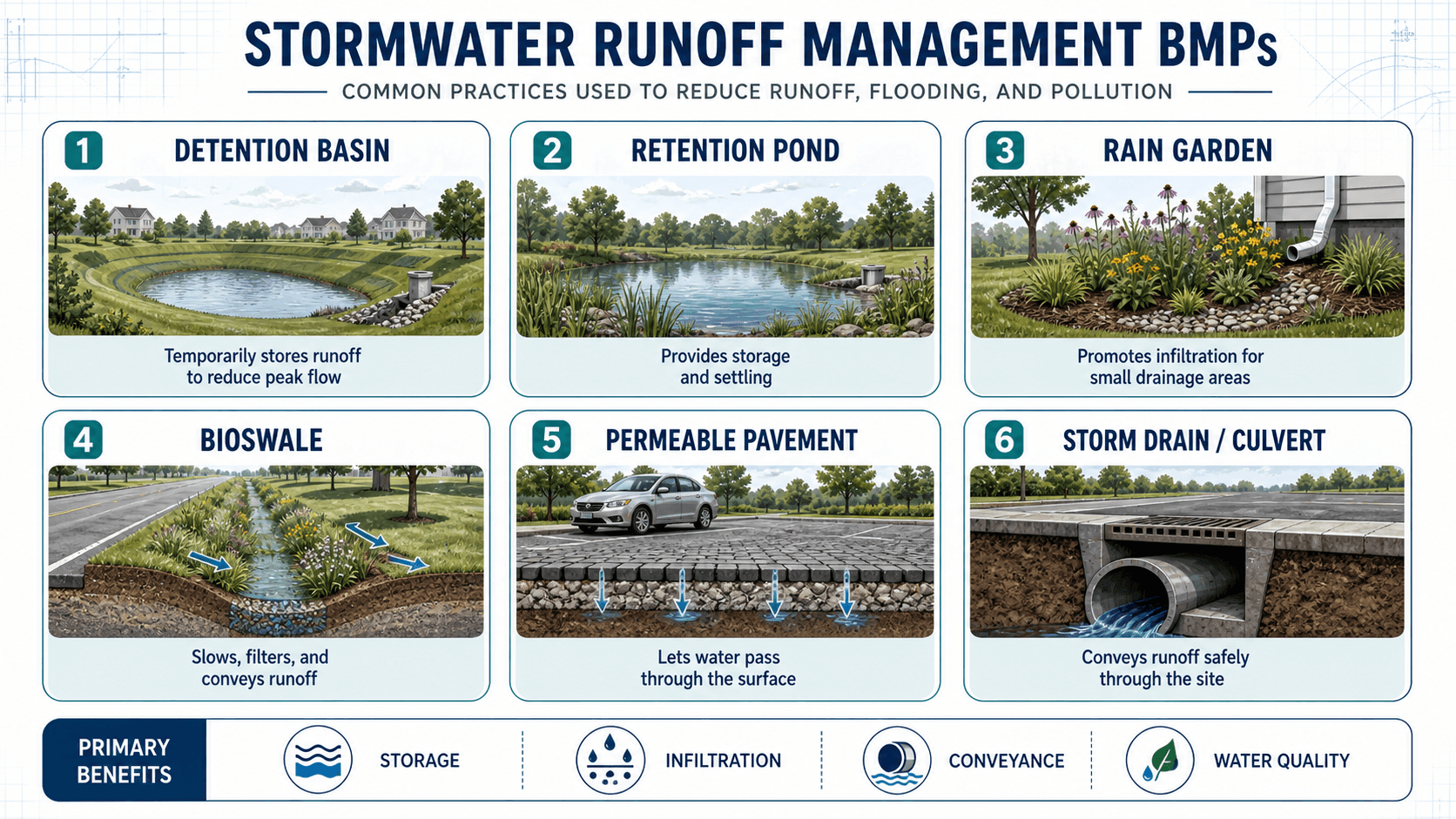 Stormwater runoff management BMP comparison showing detention basins, retention ponds, rain gardens, bioswales, permeable pavement, and storm drains