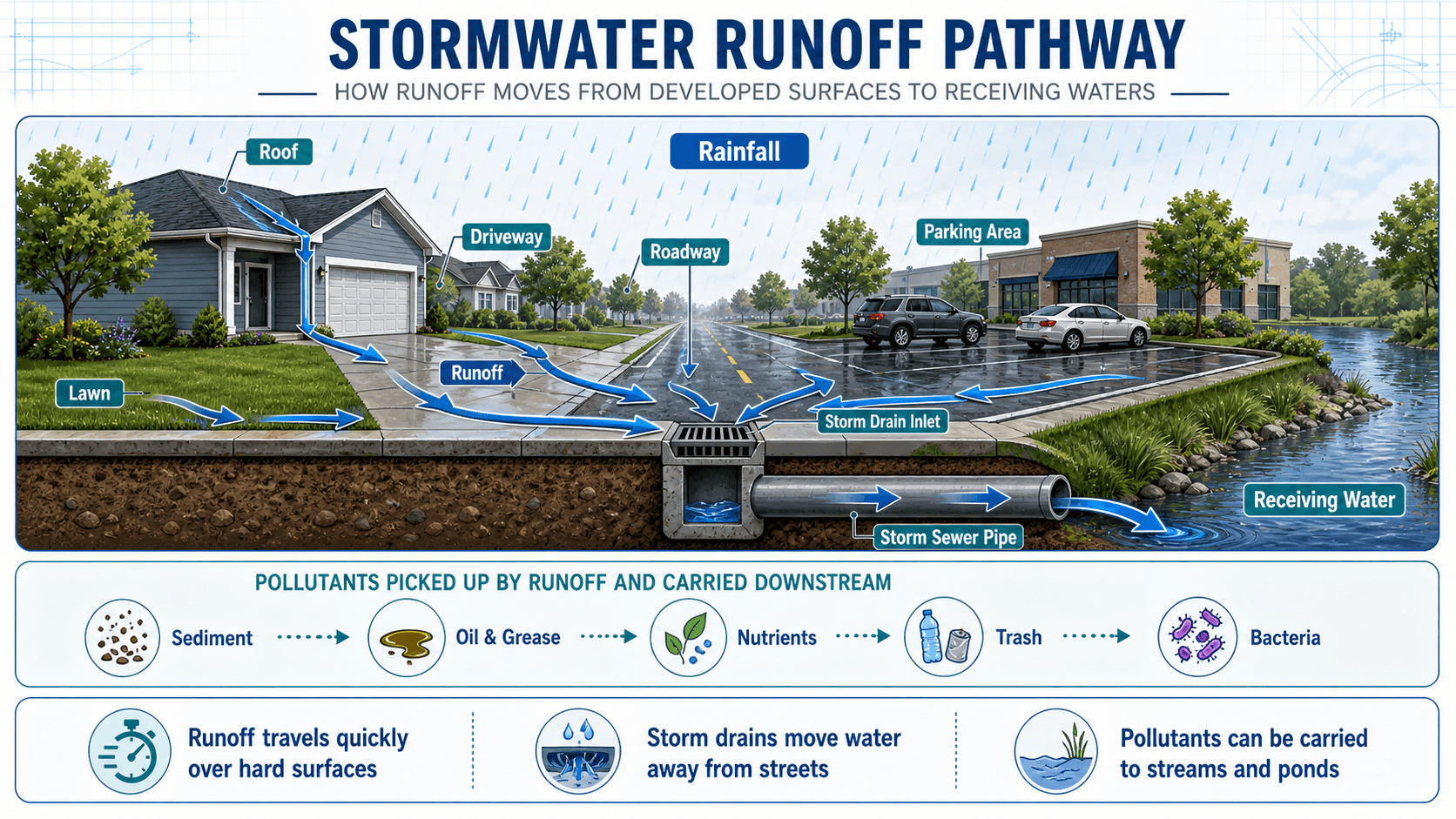 Stormwater runoff pathway diagram showing runoff from roofs, lawns, roads, and parking areas entering storm drains and receiving water