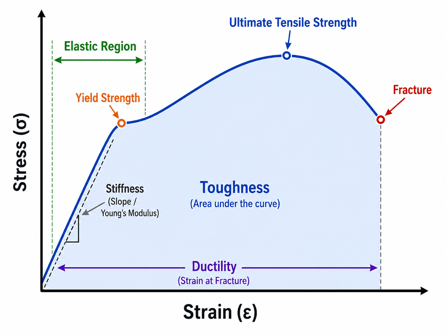 Stress strain curve showing stiffness, yield strength, ultimate tensile strength, ductility, toughness, and fracture for mechanical material properties
