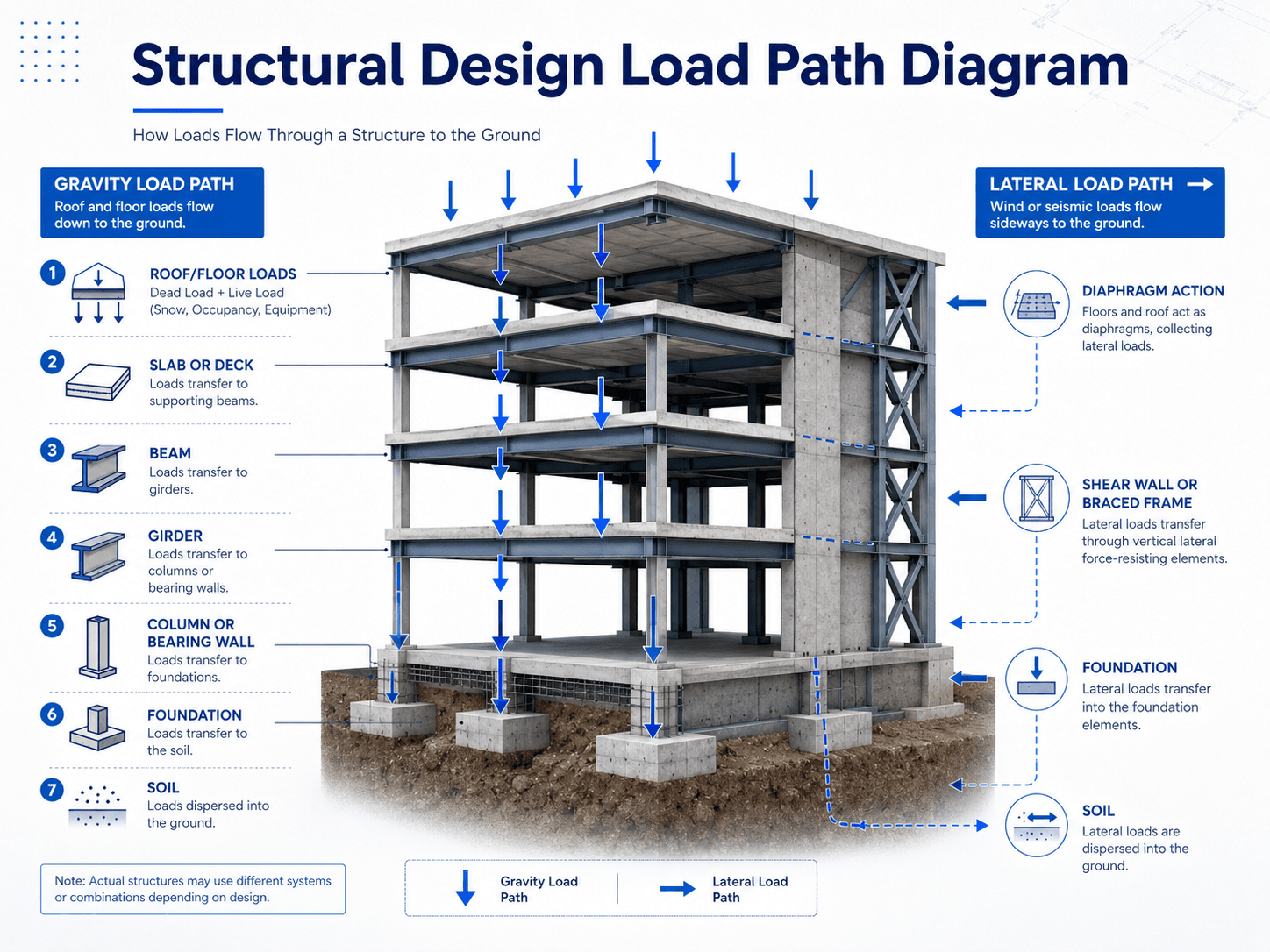 Structural design load path diagram showing gravity loads moving through slabs, beams, girders, columns, foundations, and soil, with lateral loads moving through diaphragms and shear walls.