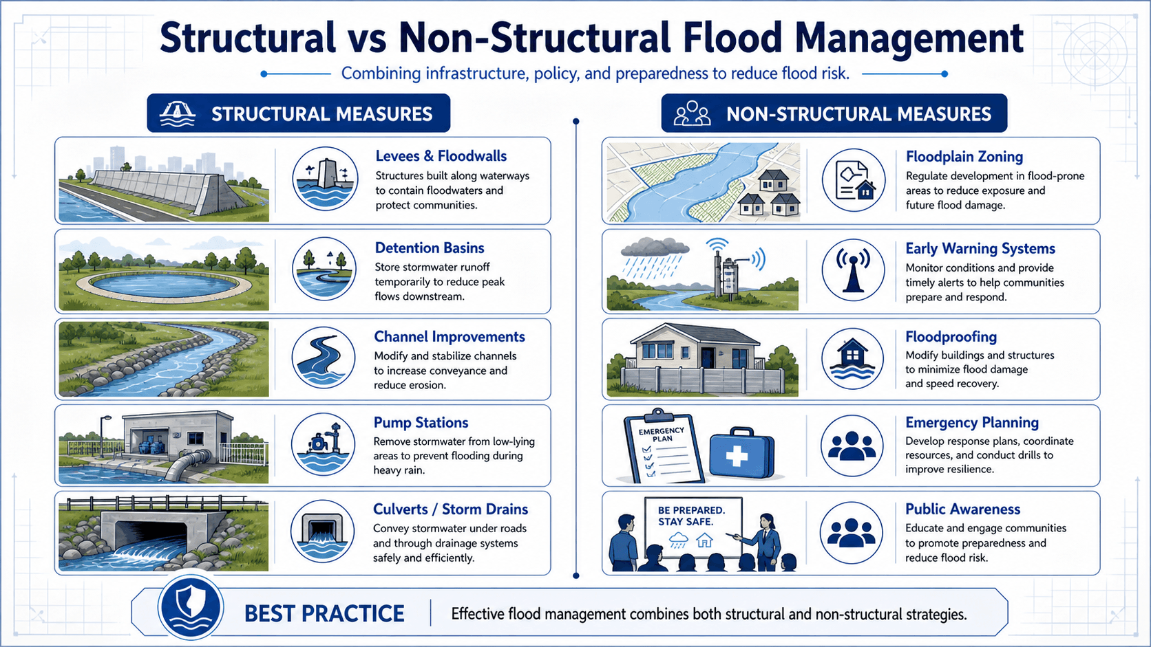 Comparison infographic showing physical flood management infrastructure such as levees, detention basins, channels, pump stations, and storm drains versus planning-based measures such as zoning, warning systems, floodproofing, emergency planning, and public awareness.