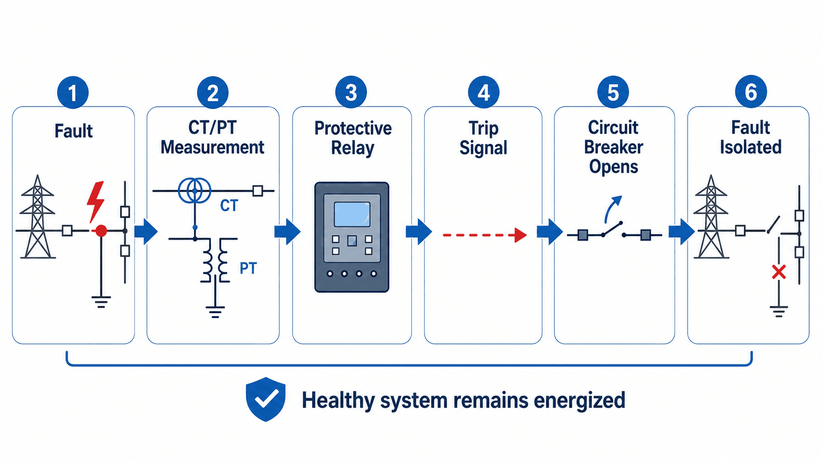 Substation protection workflow showing fault, CT/PT measurement, protective relay, trip signal, breaker opening, and fault isolation
