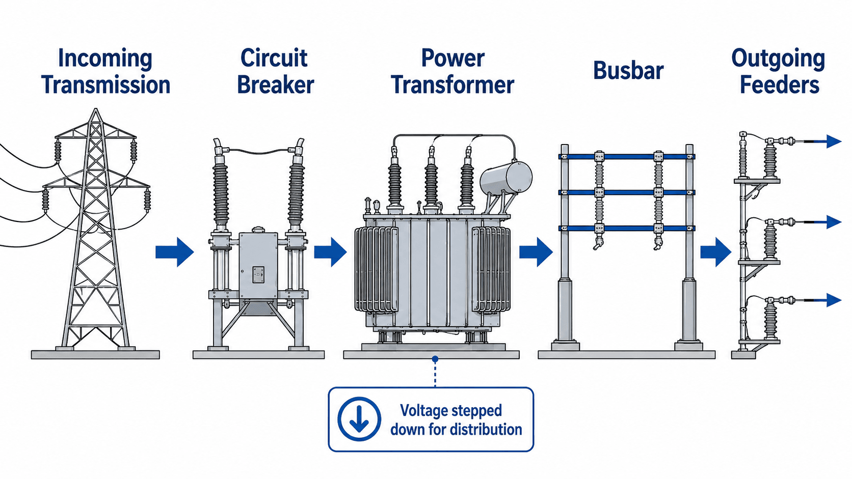 Substation overview diagram showing incoming transmission, circuit breaker, power transformer, busbar, and outgoing feeders