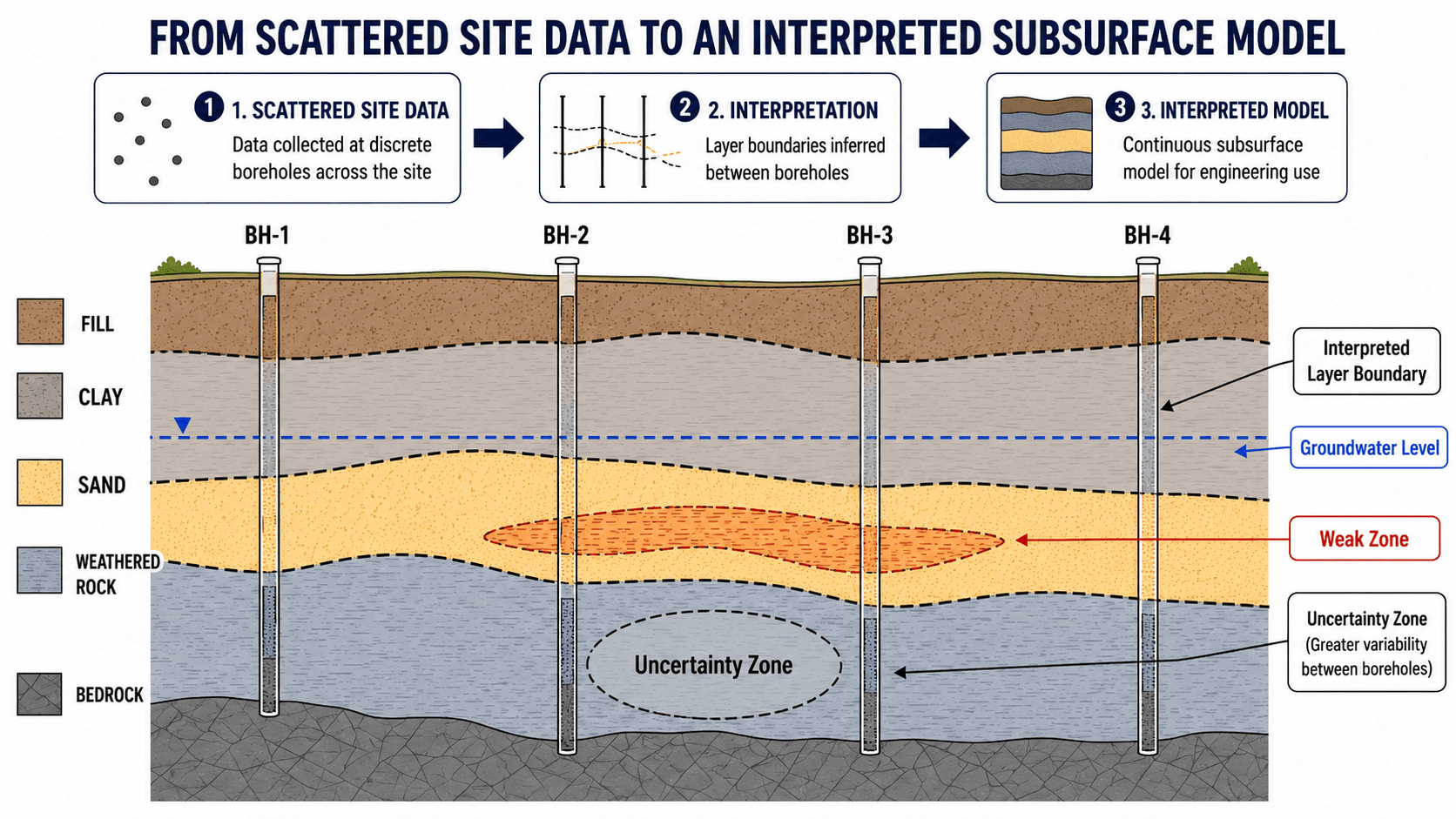 Subsurface model diagram showing boreholes, interpreted layer boundaries, groundwater level, weak zone, and uncertainty zone