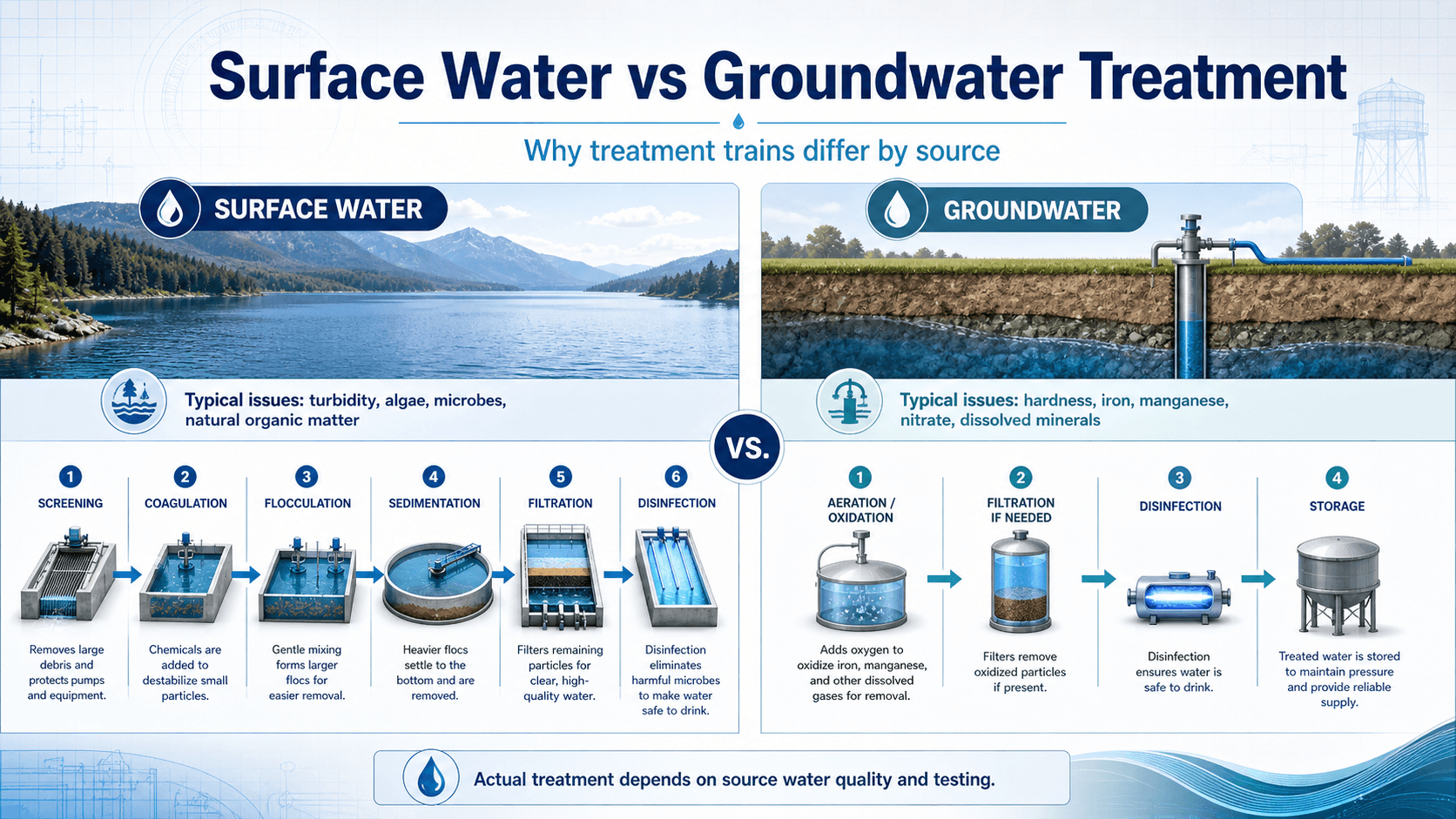 Surface water versus groundwater treatment comparison showing different treatment trains and typical source water issues