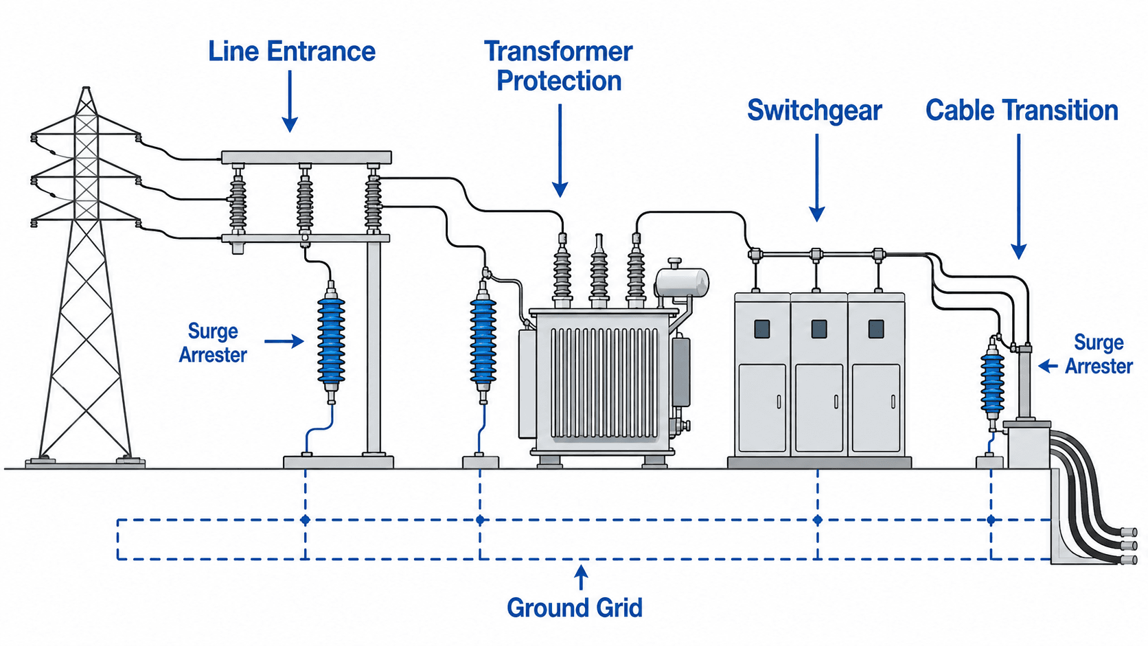 Surge arrester placement diagram showing arresters at a line entrance, transformer protection point, switchgear, cable transition, and ground grid