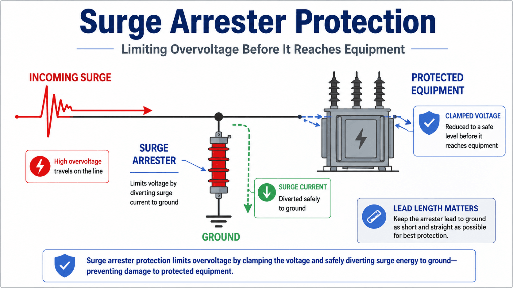 Surge arrester insulation coordination diagram showing an incoming surge diverted to ground before it reaches protected power system equipment