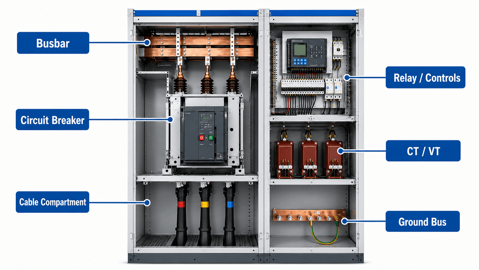 Labeled switchgear cutaway showing busbar, circuit breaker, cable compartment, relay controls, CT VT section, and ground bus