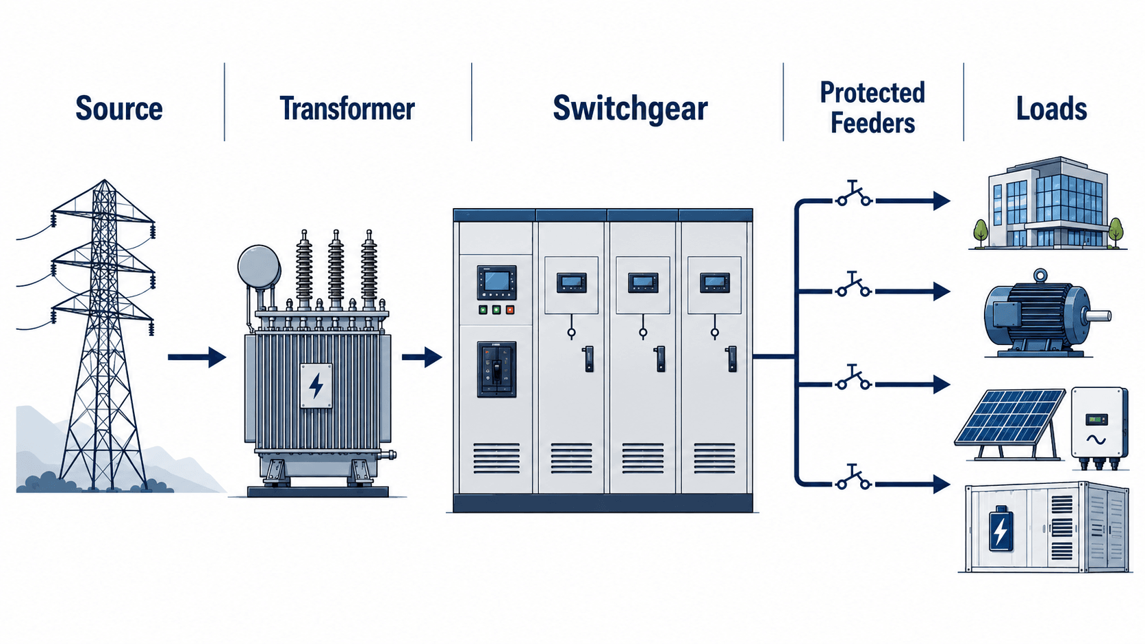Switchgear power flow diagram showing source, transformer, switchgear, protected feeders, and downstream loads
